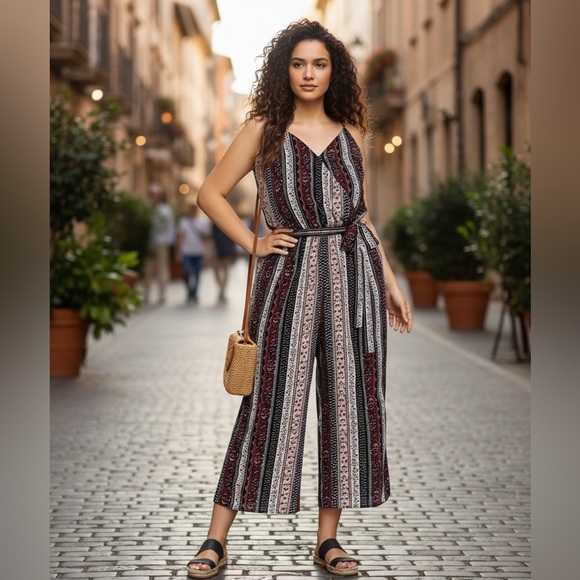 Twice Chic Boutique Pants - NEW| 1X-3X| Zen Bohemian Poppy BohoChic WideLegged TieWaist Jumpsuit